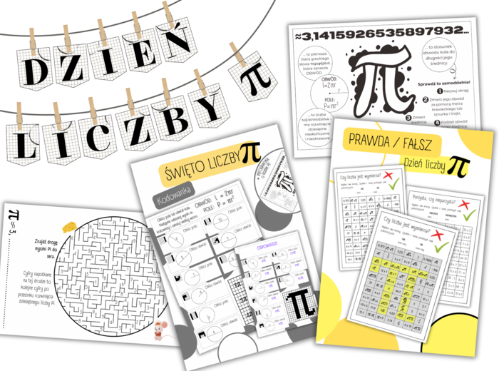PAKIET MATERIAŁÓW - DZIEŃ LICZBY PI/ ŚWIĘTO LICZBY PI - kodowanka/ pole/ obwód koła/ liczba wymierna/ niewymierna/ rozwinięcie dziesiętne/ infografika/ napis