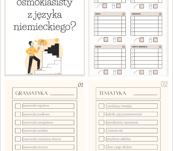 Egzamin ósmoklasisty z języka niemieckiego krok po kroku - zaplanuj i zdaj na luzie - planer przygotowujący do E8 j. niemiecki