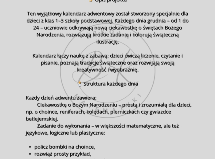 Kalendarz adwentowy z zadaniami i kolorowankami - klasy 1-3