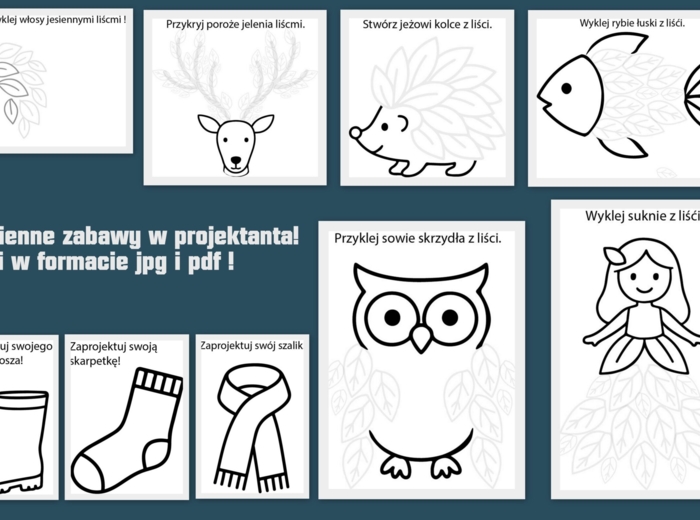 Wyklej z liści i zaprojektuj! Jesienne prace plastyczne z liści i nie tylko! Pliki pdf i jpg!