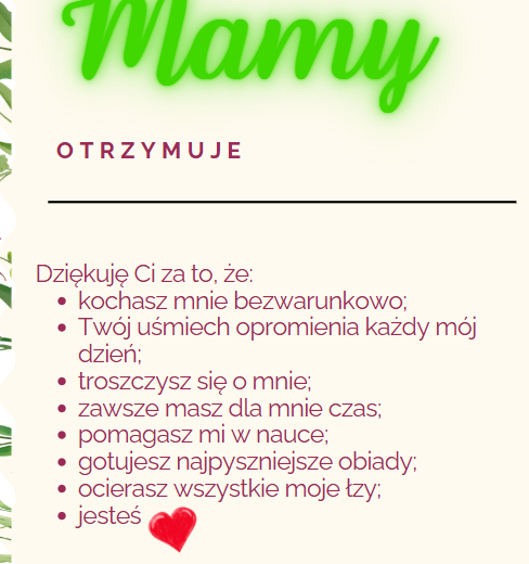 Dzień Matki - list w zieleni, Dyplom dla Mamy