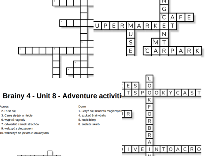 Brainy 4 – Unit 8 – krzyżówki – Places in town/Adventure activities_Useful!