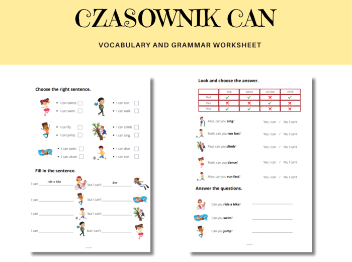 Karty pracy + Czasownik CAN + nazwy czynności i umiejętności
