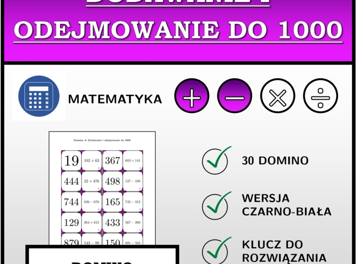 Domino - Dodawanie i odejmowanie do 1000 | matematyka