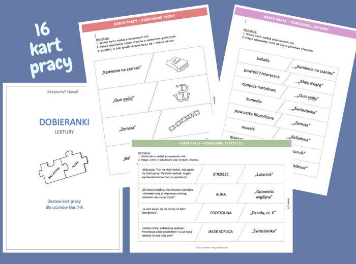 Dobieranki - powtórzeniowe karty pracy do lektur klas 7-8