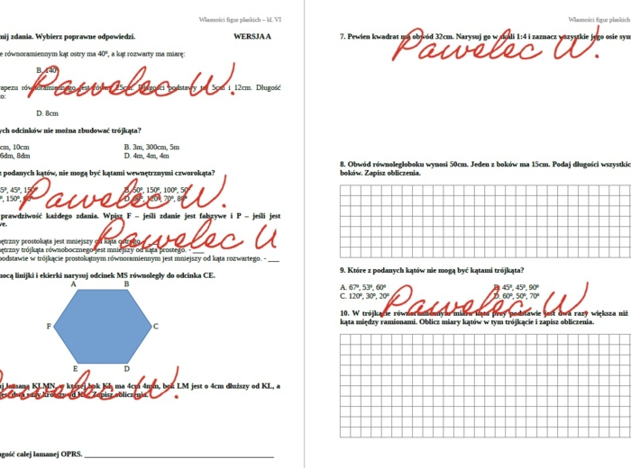 WŁASNOŚCI FIGUR PŁASKICH - sprawdzian, karta pracy, dwie grupy kl. 6 + odpowiedzi