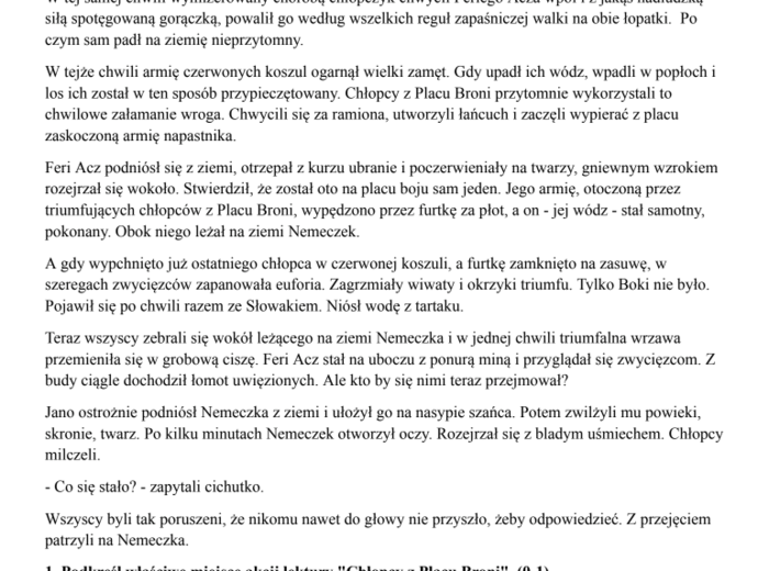 Chłopcy z Placu Broni - sprawdzian podsumowujący