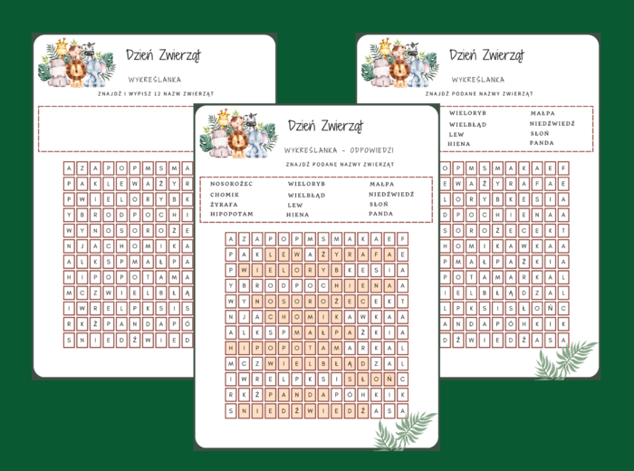 DZIEŃ ZWIERZĄT – wykreślanka - ćwiczenia redakcyjne - ortografia - biblioteka