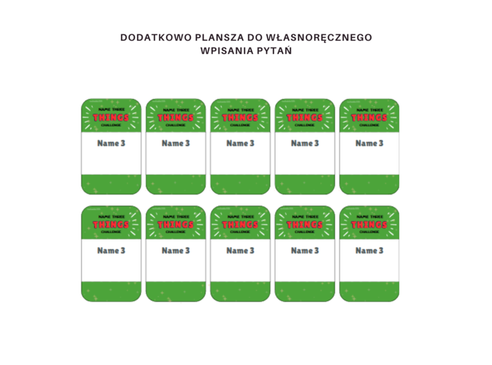 Name three – wymień trzy, gra powtórzeniowa dla klas 7-8 szkoły podstawowej w stylu 5 sekund, język angielski, 70 pytań, słownictwo,