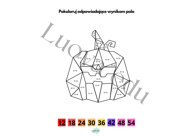 Halloween Kolorowanka Matematyczna TABLICZKA MNOŻENIA: Kolorowanie według wyników mnożenia przez 6 dla dzieci 7-11 lat