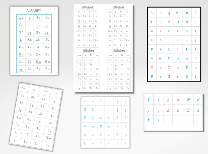 Alfabet kolorowy i czarno-biały. Wklejki do zeszytu. Pisane i drukowane litery - czarno-białe i kolorowe.
