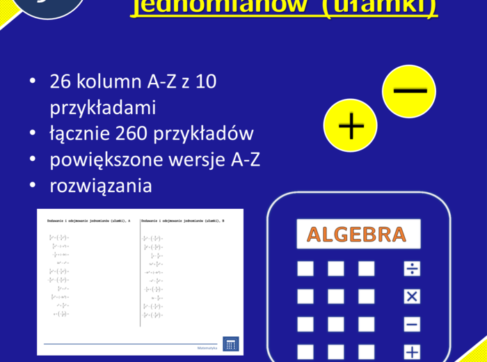 Dodawanie i odejmowanie jednomianów (ułamki) | matematyka, algebra | 26 kolumn