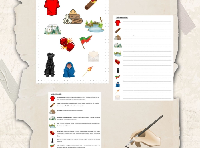 Ikony (symbole) "Chłopcy z Placu Broni", plansza, karta pracy + odpowiedzi, egzamin ósmoklasisty, lektura obowiązkowa klasa 5