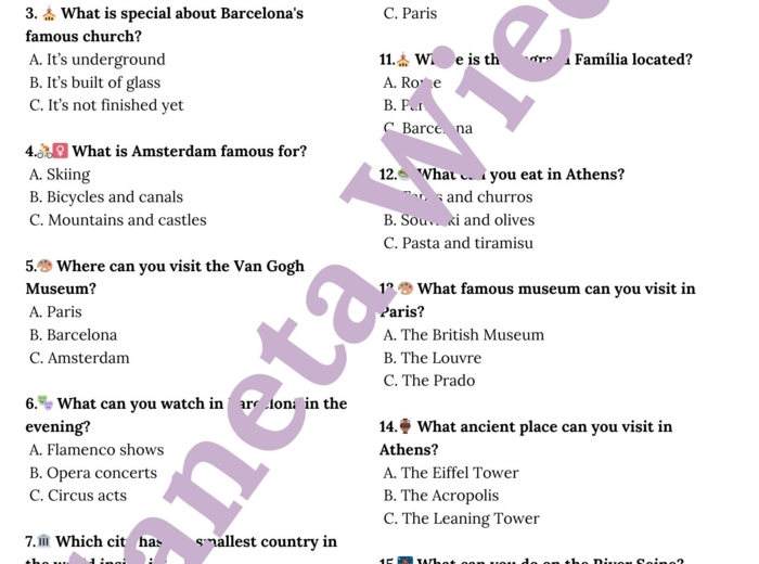 🌞WAKACYJNY QUIZ - MIASTA EUROPEJSKIE🌞 KARTA PRACY – SUMMER HOLIDAY – KLASY 4-8 SZKOŁY PODSTAWOWEJ- PODSTAWOWE FAKTY O TURYSTYCZNYCH MIASTACH/ ATRAKCJACH, TEKSTY I QUIZ WIEDZY - RZYM, BARCELONA, PARYŻ, AMSTERDAM, ATENY, PRAWDA/FAŁSZ, DYSKUSJA W PARACH + O