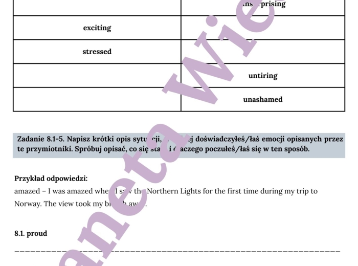 PRZYMIOTNIKI (EMOCJE)– Zbiór zadań do egzaminu ósmoklasisty z języka angielskiego. Poziom A2/A2+ – przymiotniki opisujące uczucia i emocje, ćwiczenia: końcówki -ing/-ed, przymiotniki zaprzeczające (unamused, unexciting), wypełnianie luk w tekście, tworze