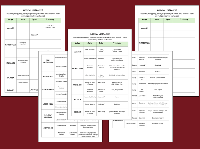 MOTYWY LITERACKIE - lektury - egzamin - powtórka - KARTA PRACY - karty + ODPOWIEDZI