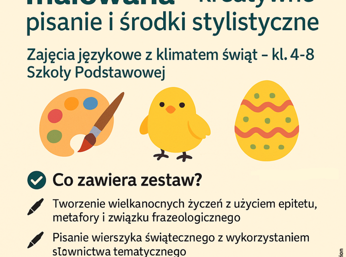 Wielkanoc słowem malowana – kreatywne pisanie i środki stylistyczne (45 min) 🎨🐣 Zajęcia językowe z klimatem świąt – kl. 4–8 Szkoły Podstawowej