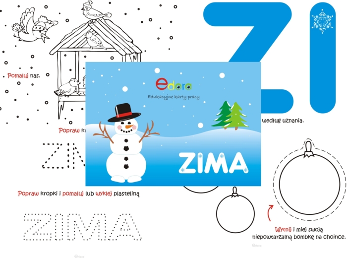 Przedszkole. Zima. Zimowe karty pracy. Napis. Dekoracje
