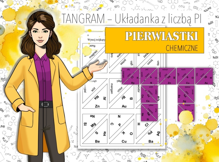 Chemia. Klasa 4, 5, 6, 7, 8. Symbole i nazwy pierwiastków chemicznych. Odczytywanie informacji z układu okresowego. Układanka. Tangram. Puzzle. Dzień liczby PI.