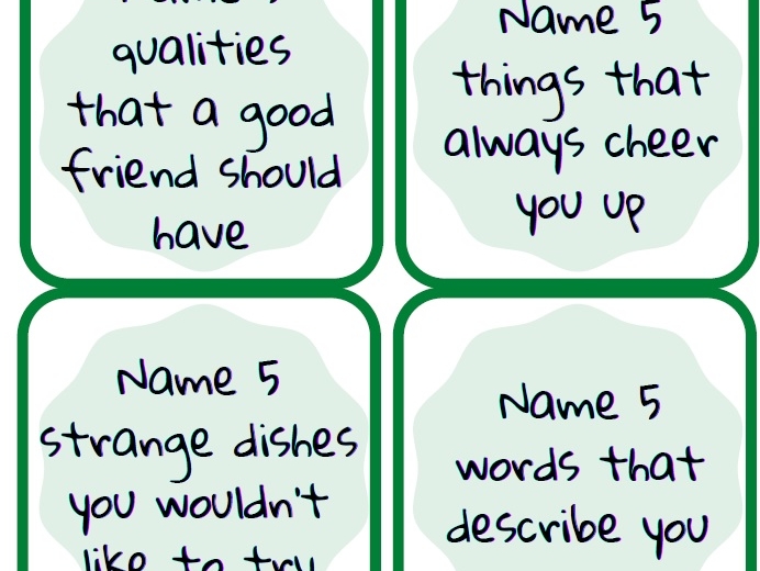 Angie's English Place - Name 5 - warm-up cards - online / offline