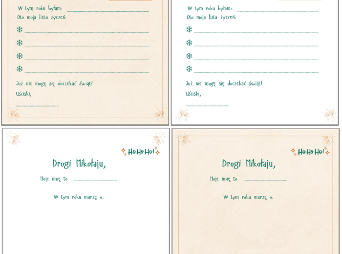 List do Mikołaja - przedszkole i klasy starsze, wersje kolorowe i czarno - białe