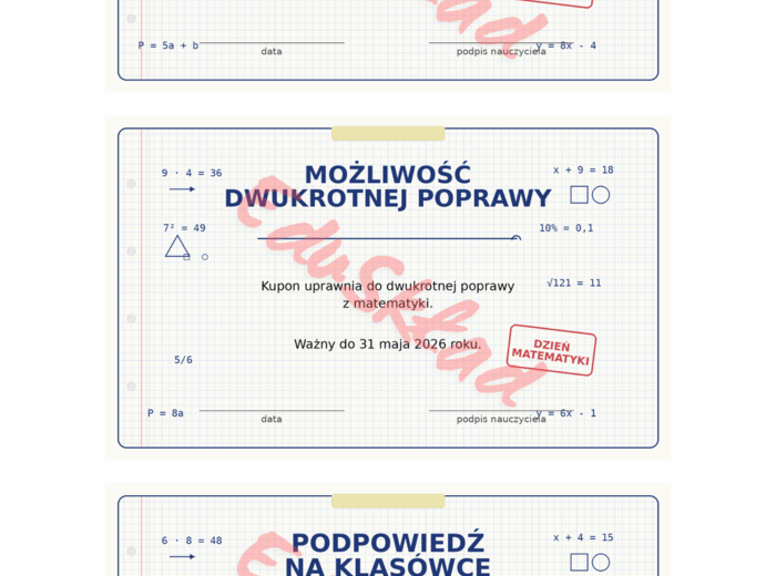📘 Kupony motywacyjne na matematykę