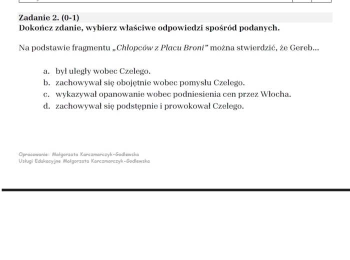 Arkusz egzaminacyjny "Chłopcy z Placu Broni"