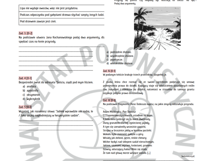Egzamin ósmoklasisty - przykładowy arkusz nr 1 - przyroda/Kochanowski/Pan Tadeusz