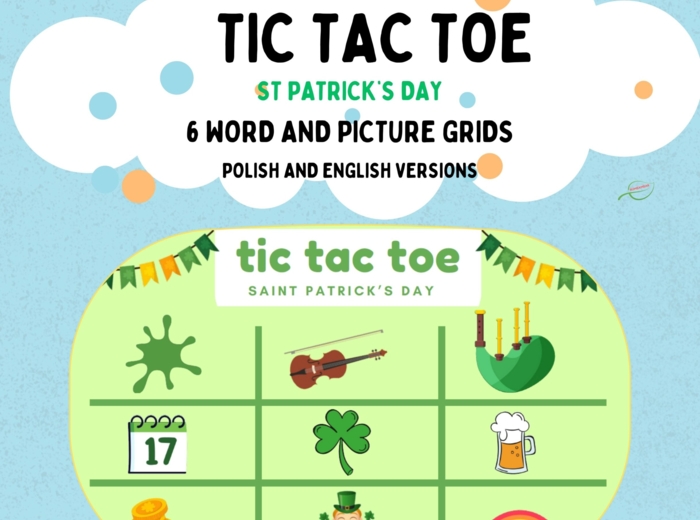 St Patrick's Day Tic Tac Toe Dzień Świętego Patryka gra kółko- krzyżyk rozgrzewka językowa, dobra dla SPE