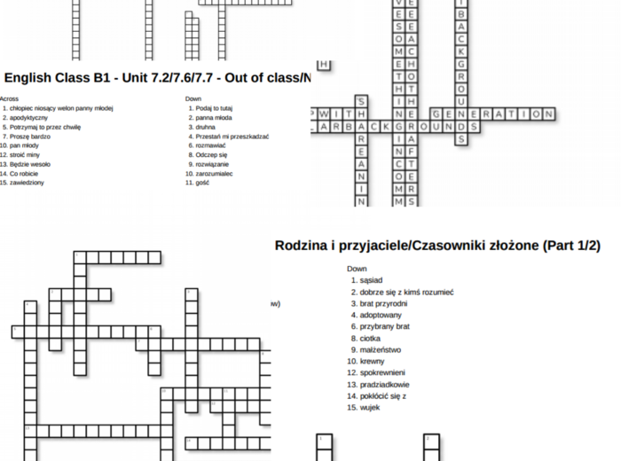 English Class B1 – Unit 7 – krzyżówki – Rodzina i przyjaciele_Czasowniki złożone/Out of class_Na weselu/Przyjaciele i znajomi/Wyrażenia z get