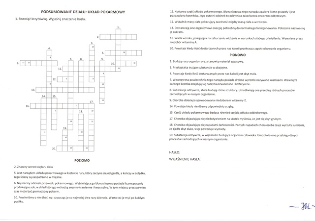 Układ pokarmowy (krzyżówka podsumowanie)