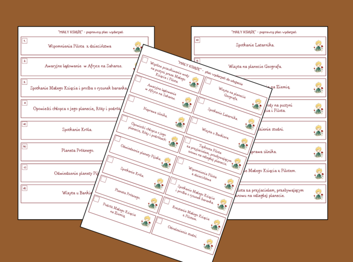 "MAŁY KSIĄŻĘ" – plan wydarzeń – fiszki – 3 wersje - egzamin - lektury 7-8