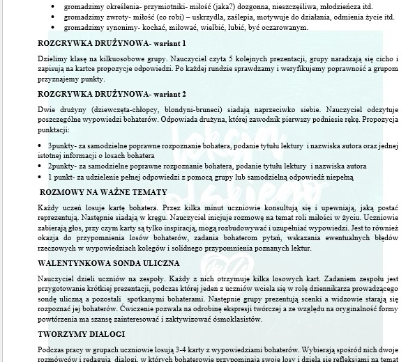 CZYJE TO WALENTYNKI? ĆWICZENIE DLA UCZNIÓW KLAS ÓSMYCH- PRZYPOMNIENIE LOSÓW BOHATERÓW LEKTUR OBOWIĄZKOWYCH I NIEOBOWIĄZKOWYCH