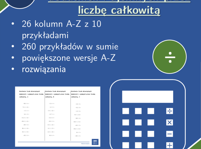 Dzielenie liczb dziesiętnych dodatnich i ujemnych przez liczbę całkowitą | matematyka | 26 kolumn