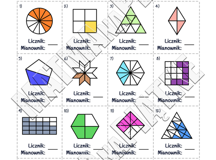 Ułamki zwykłe - Szkoła Podstawowa - Klasa 4 / 5 - Klasa Czwarta / Piąta - Ułamek zwykły jako część całości - Karta pracy o ułamkach zwykłych - Powtórzenie ułamków - Kolorowanka z ułamkami zwykłymi - Wizualizacja ułamka zwykłego - Zabawa z ułamkiem - Nauk