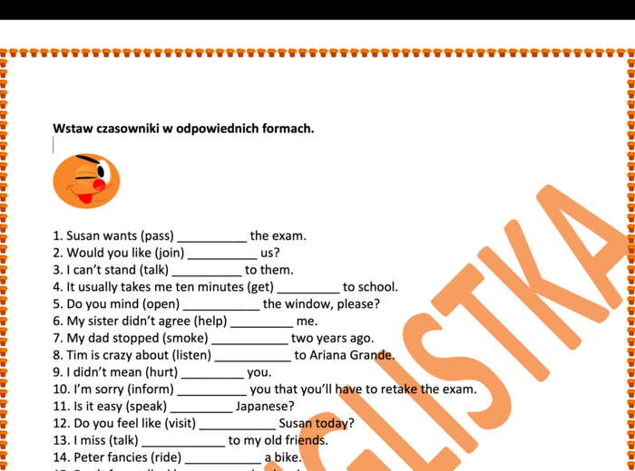 Gerund, To-infinitive, bare infinitive- 40 zdań do uzupełnienia z kluczem