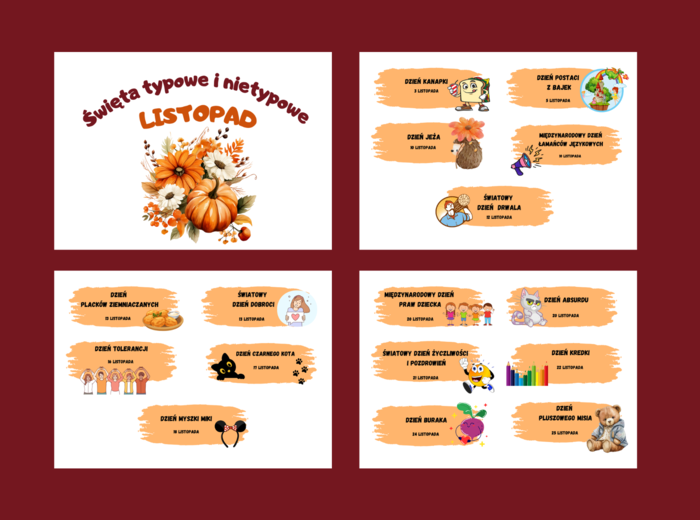 ŚWIĘTA TYPOWE I NIETYPOWE – LISTOPAD – napisy – gazetka – dekoracja – BIBLIOTEKA – świetlica - przedszkole