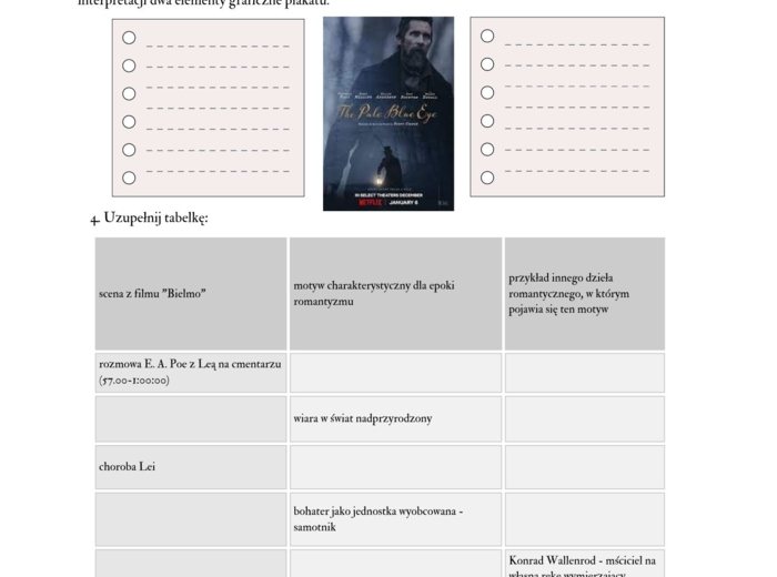 Karta pracy do filmu "Bielmo" w kontekście romantyzmu