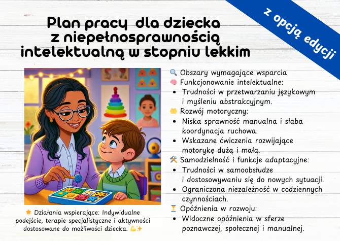 PLAN PRACY DLA DZIECKA Z NIEPEŁNOSPRAWNOŚCIĄ INTELEKTUALNĄ W STOPNIU LEKKIM