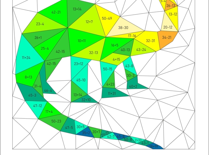 Kolorowanka matematyczna, dodawanie i odejmowanie od 1 do 50, dzień dinozaura, prehistoria, matematyka i sztuka.