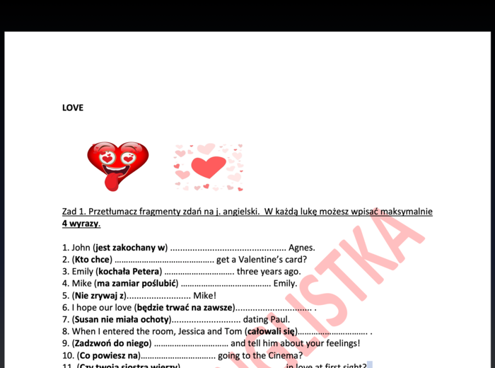 Walentynki - Valentine's Day - egzamin ósmoklasisty - tłumaczenie fragmentów i budowanie zdań z podanych elementów