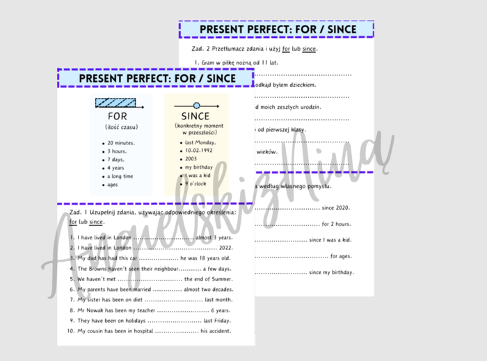 Present Perfect - for / since - karta pracy - ćwiczenia - angielski - e8 - egzamin ósmoklasisty - matura