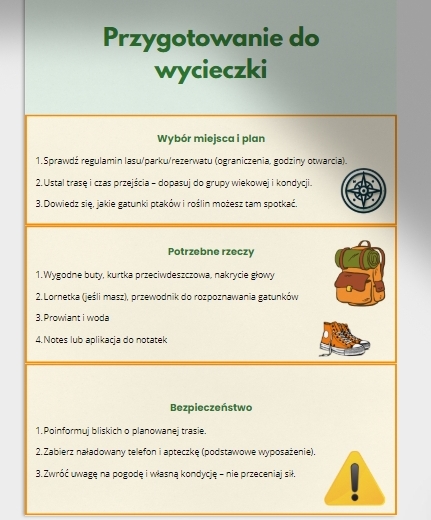 Wycieczka do lasu, parku, rezerwatu. Obserwacja ptaków, roślin, różnorodność biologiczna. Zasady zachowania