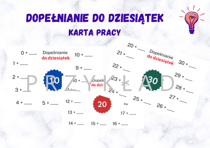 Dopełnianie do dziesiątek - karty pracy: 10, 20, 30