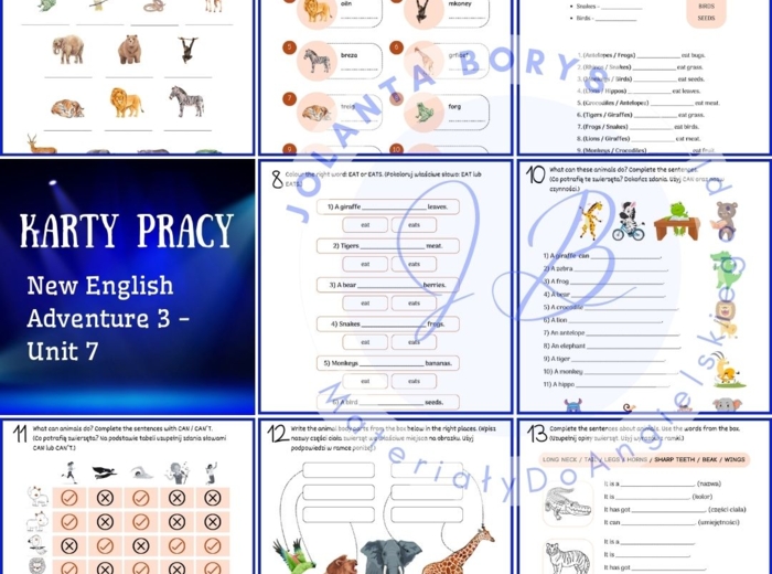 New English Adventure 3 – Unit 7: Lions eat meat – Karty pracy dla klasy 3