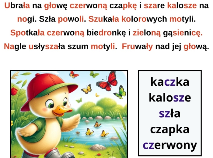 Kaczuszka. Materiał wspomagający do klasy 1. Utrwalenie dwuznaków sz, cz.