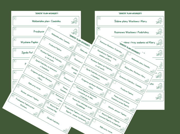 "ZEMSTA" A. Fredry - plan wydarzeń - fiszki - 3 wersje
