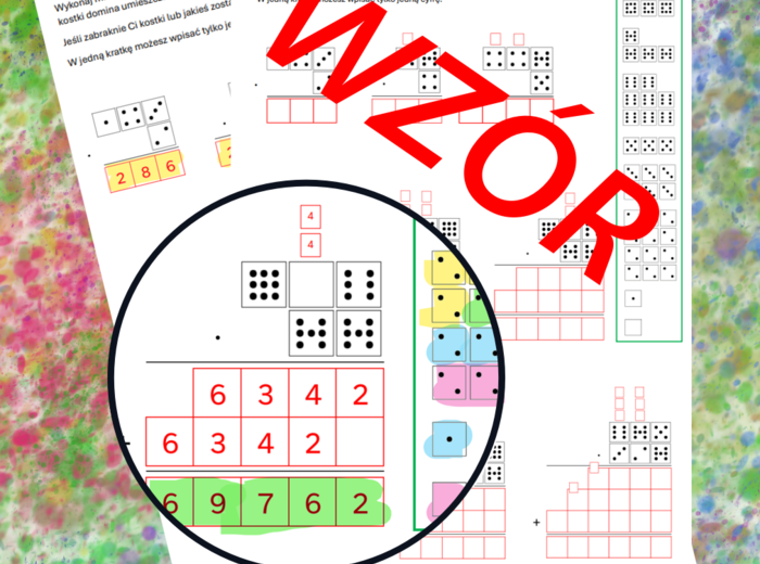 (klasa 5) Mnożenie wielocyfrowe pisemne liczb naturalnych z kostkami domina.