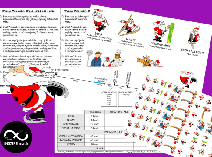 Matematyczne wyzwanie. Wyścig Mikołajów. Droga, prędkość i czas. Boże Narodzenie, Mikołajki.
