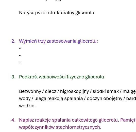 Karta pracy/ kartkówka GLICEROL
